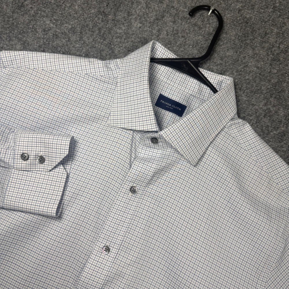 Proper Cloth Dress Shirt Men 17.5x36 Blue White Check Non-Iron Cotton Stretch